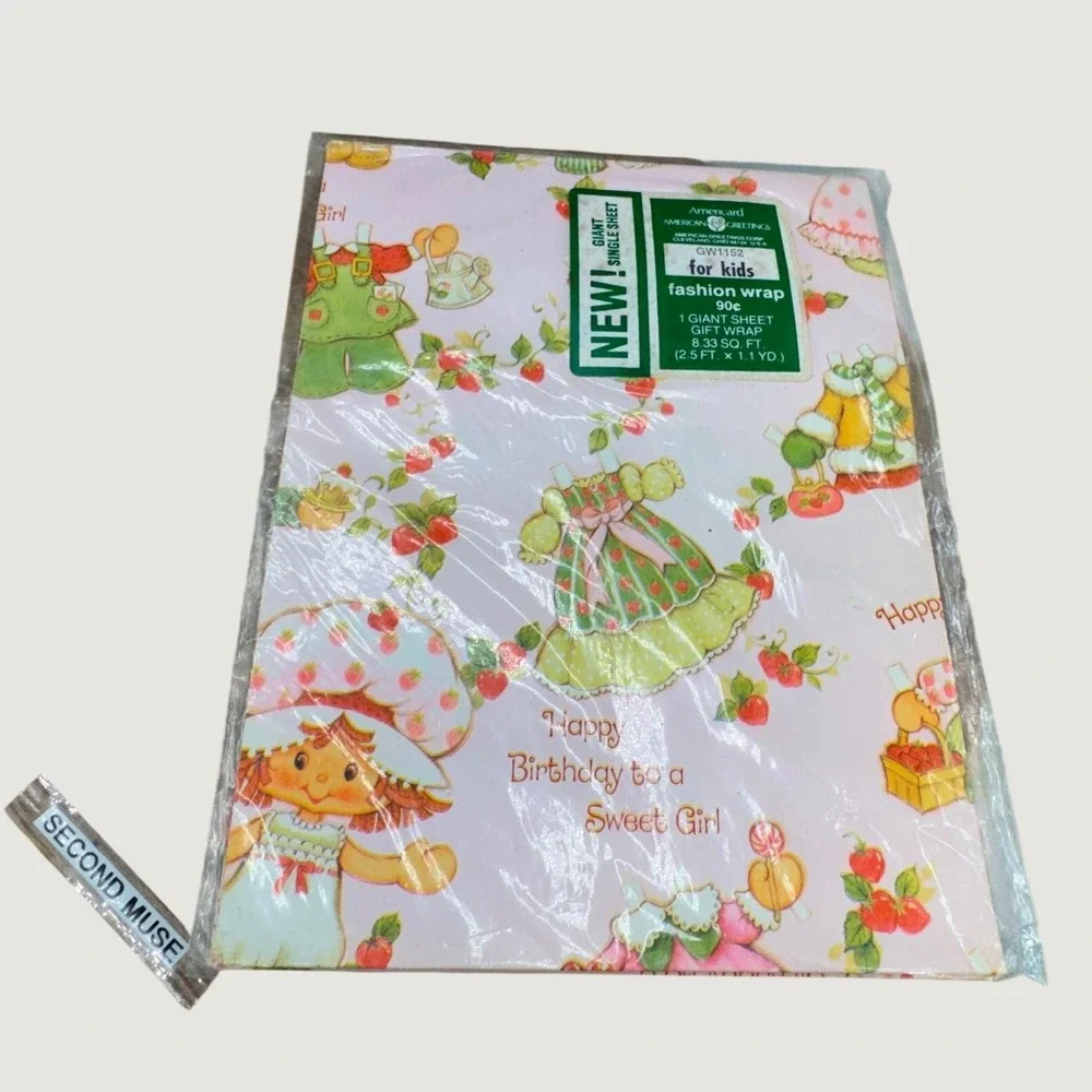 American Greetings Strawberry Shortcake Gift Wrap OS Pink Vintage 80s Sweet Girl